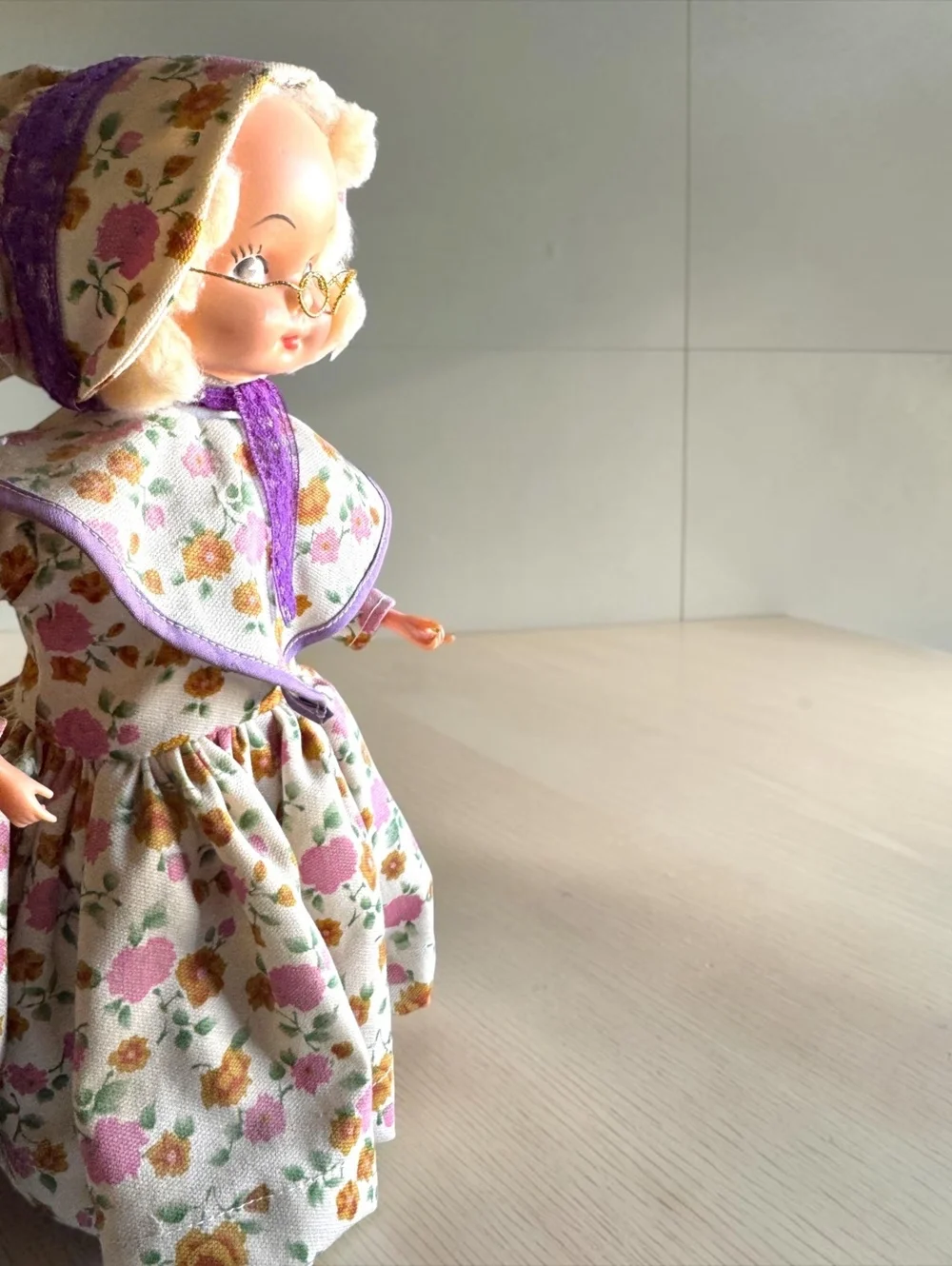 Vintage 1950s Grandma Doll with Floral Dress and Wire Glasses, Mid-Century